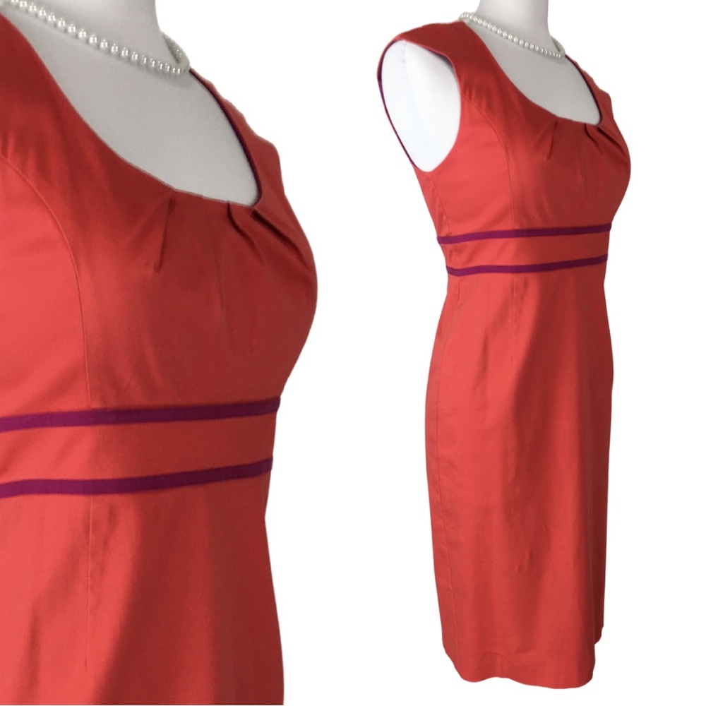 Boden Coral Peach with Fuchsia Ribbon Detail Sleeve Sheath Midi Dress size 8 - Picture 3 of 15